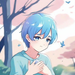 An anime-style illustration of a blue-haired boy crying, holding two small, lifeless birds in his hands