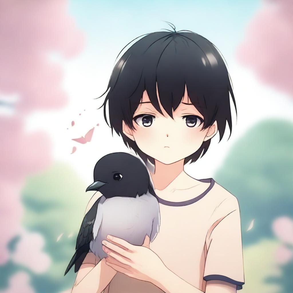 An anime-style illustration of a boy with black hair crying, holding two small, lifeless birds in his hands