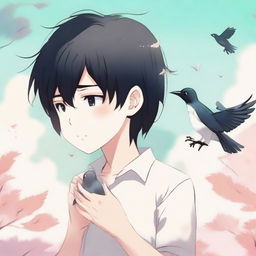 An anime-style illustration of a boy with black hair crying, holding two small, lifeless birds in his hands