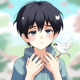 An anime-style illustration of a boy with black hair crying, holding two small, lifeless birds in his hands