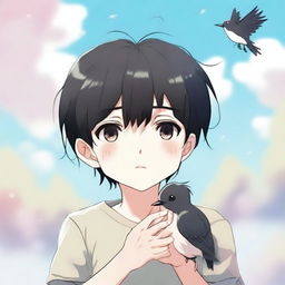 An anime-style illustration of a boy with black hair crying, holding two small, lifeless birds in his hands