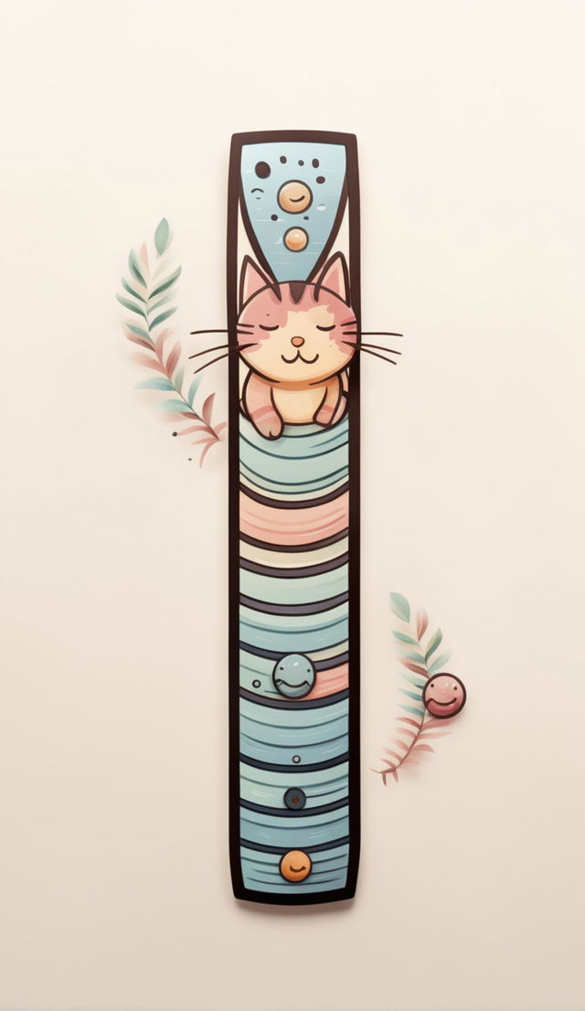 Create a narrow cat-themed bookmark with a playful and cute design, featuring an elongated cat in a friendly pose with soft colors and subtle decorative elements