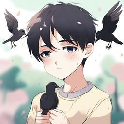 An anime-style illustration of a boy with black hair crying, holding two small, lifeless birds in his hands