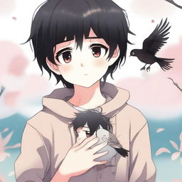 An anime-style illustration of a boy with black hair crying, holding two small, lifeless birds in his hands