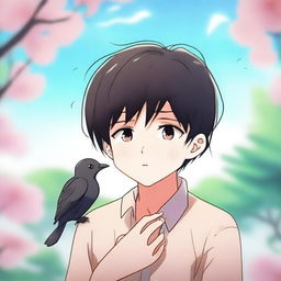 An anime-style illustration of a boy with black hair crying, holding two small, lifeless birds in his hands