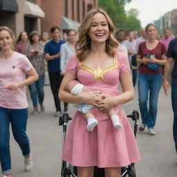 A joyous scene featuring Brie Larson as Captain Marvel in a pink dress and diapers, carried in a baby stroller by alien females expressing warmth and friendliness.