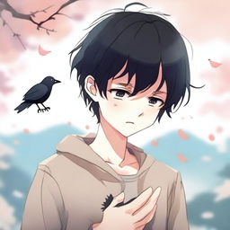 An anime-style illustration of a boy with black hair crying, holding two small, lifeless birds in his hands