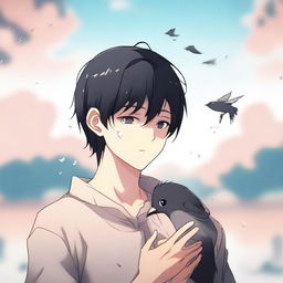 An anime-style illustration of a young man with black hair crying, holding two small, lifeless birds in his hands