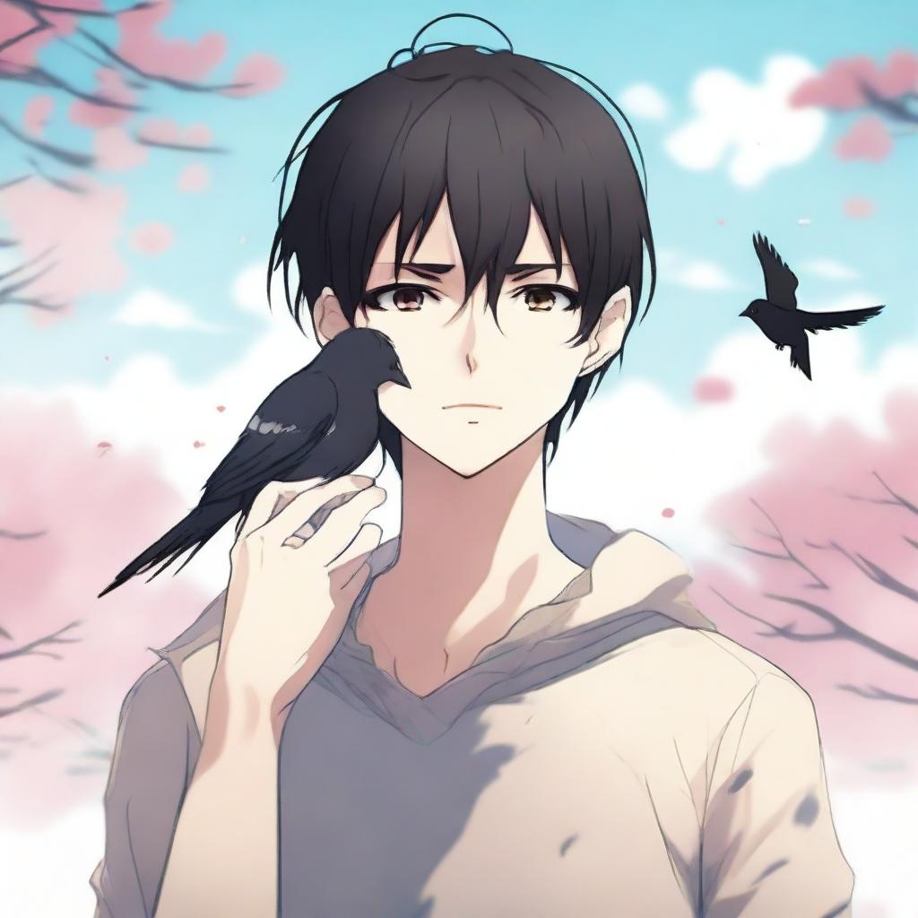 An anime-style illustration of a young man with black hair crying, holding two small, lifeless birds in his hands