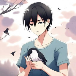 An anime-style illustration of a young man with black hair crying, holding two small, lifeless birds in his hands