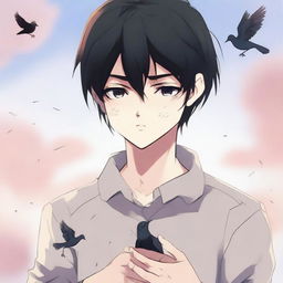 An anime-style illustration of a young man with black hair crying, holding two small, lifeless birds in his hands