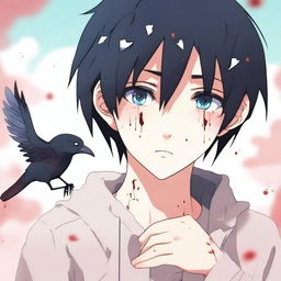 An anime-style illustration of a young man with black hair crying, holding two small, lifeless birds in his hands