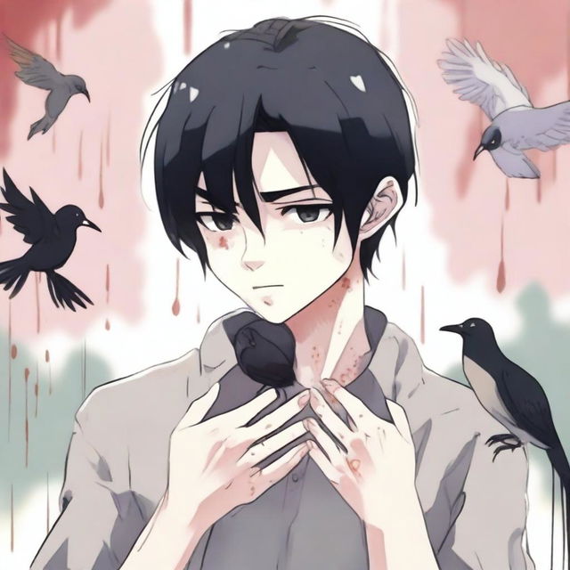 An anime-style illustration of a young man with black hair crying, holding two small, lifeless birds in his hands