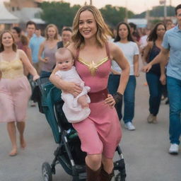 A joyous scene featuring Brie Larson as Captain Marvel in a pink dress and diapers, carried in a baby stroller by alien females expressing warmth and friendliness.