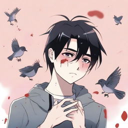 An anime-style illustration of a young man with black hair crying, holding two small, lifeless birds in his hands