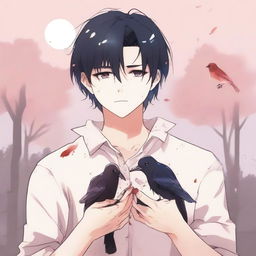 An anime-style illustration of a young man with black hair crying, holding two small, lifeless birds in his hands