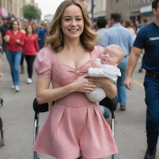 A joyous scene featuring Brie Larson as Captain Marvel in a pink dress and diapers, carried in a baby stroller by alien females expressing warmth and friendliness.