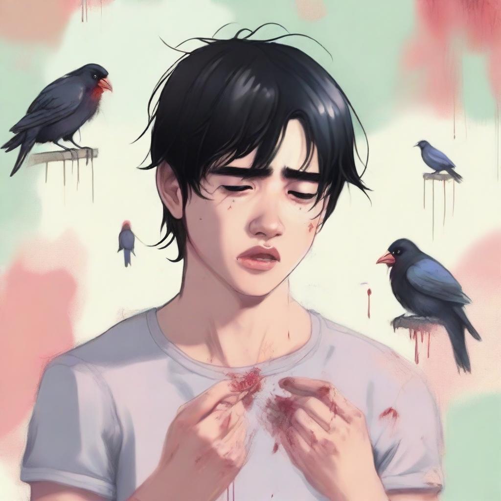 A realistic illustration of a young man with black hair crying, holding two small, lifeless birds in his hands