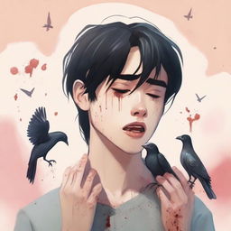 A realistic illustration of a young man with black hair crying, holding two small, lifeless birds in his hands