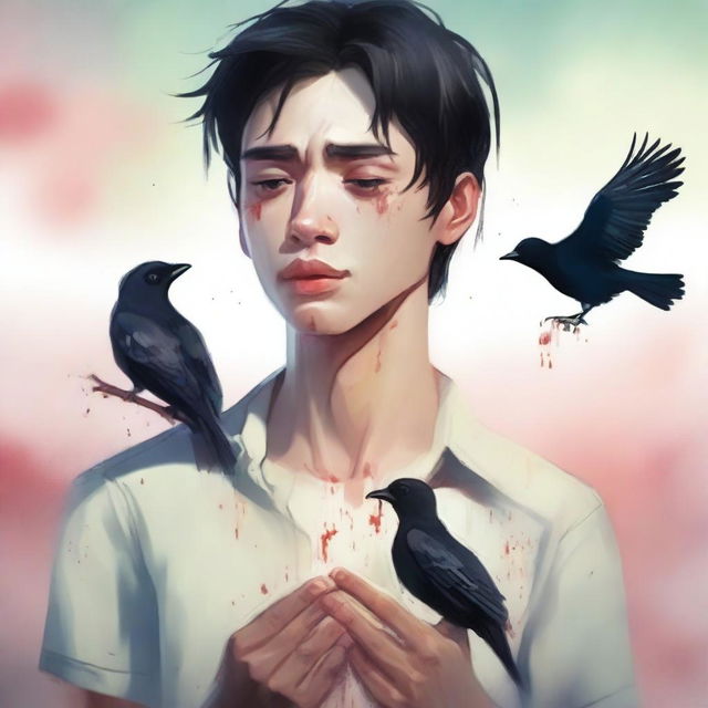 A realistic illustration of a young man with black hair crying, holding two small, lifeless birds in his hands