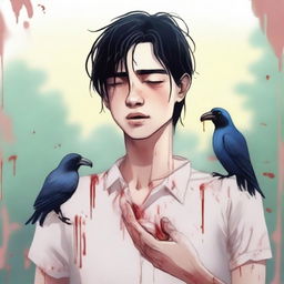 A realistic illustration of a young man with black hair crying, holding two small, lifeless birds in his hands