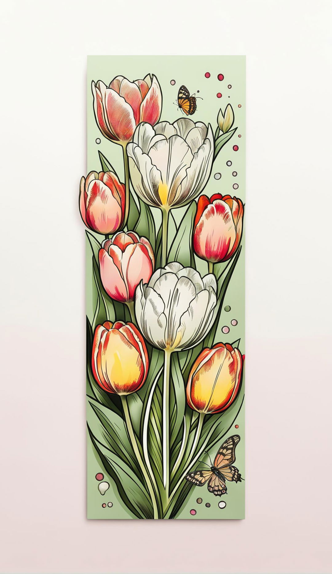 Design a beautiful, printable bookmark with a tulip aesthetic, measuring 2"x7"