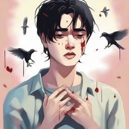 A realistic illustration of a young man with black hair crying, holding two small, lifeless birds in his hands