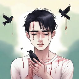 A realistic illustration of a young man with black hair crying, holding two small, lifeless birds in his hands