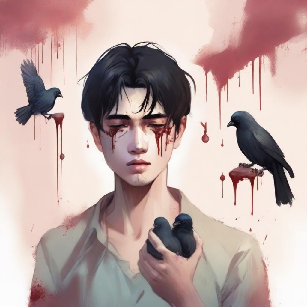 A realistic illustration of a young man with black hair crying, holding two small, lifeless birds in his hands