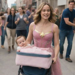 A joyous scene featuring Brie Larson as Captain Marvel in a pink dress and diapers, carried in a baby stroller by alien females expressing warmth and friendliness.