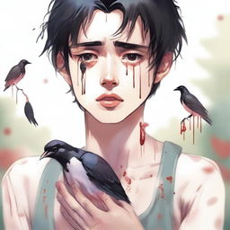 A realistic illustration of a young man with black hair crying, holding two small, lifeless birds in his hands