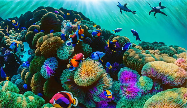 A vibrant underwater scene with colorful marine life, coral reefs, and clear water, perfect for an HD Zoom background.