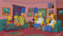 A high-quality image of The Simpsons' living room, designed for use as a Zoom background