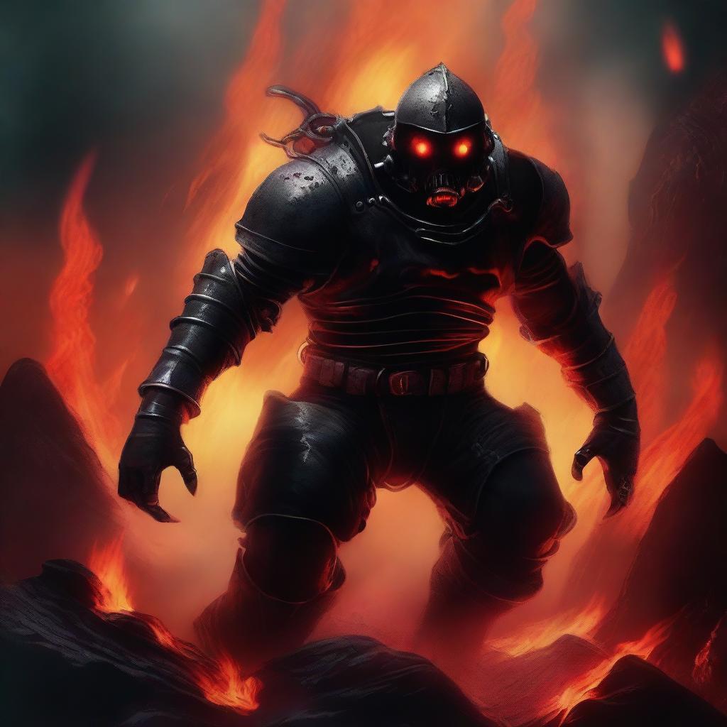 A fierce and intimidating Hell diver, clad in dark, menacing armor with glowing red eyes, descending into the fiery depths of the underworld