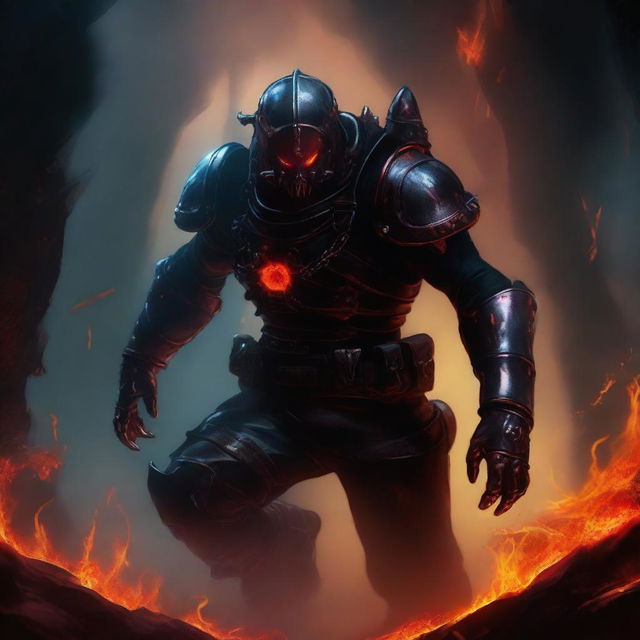 A fierce and intimidating Hell diver, clad in dark, menacing armor with glowing red eyes, descending into the fiery depths of the underworld