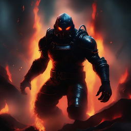 A fierce and intimidating Hell diver, clad in dark, menacing armor with glowing red eyes, descending into the fiery depths of the underworld