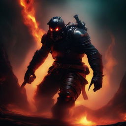 A fierce and intimidating Hell diver, clad in dark, menacing armor with glowing red eyes, descending into the fiery depths of the underworld