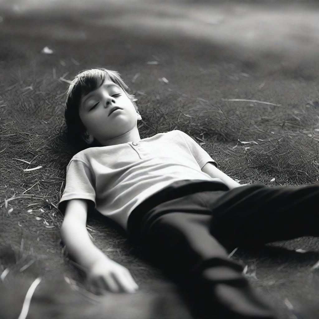 A somber scene depicting a deceased boy lying peacefully on the ground, surrounded by a serene and quiet environment