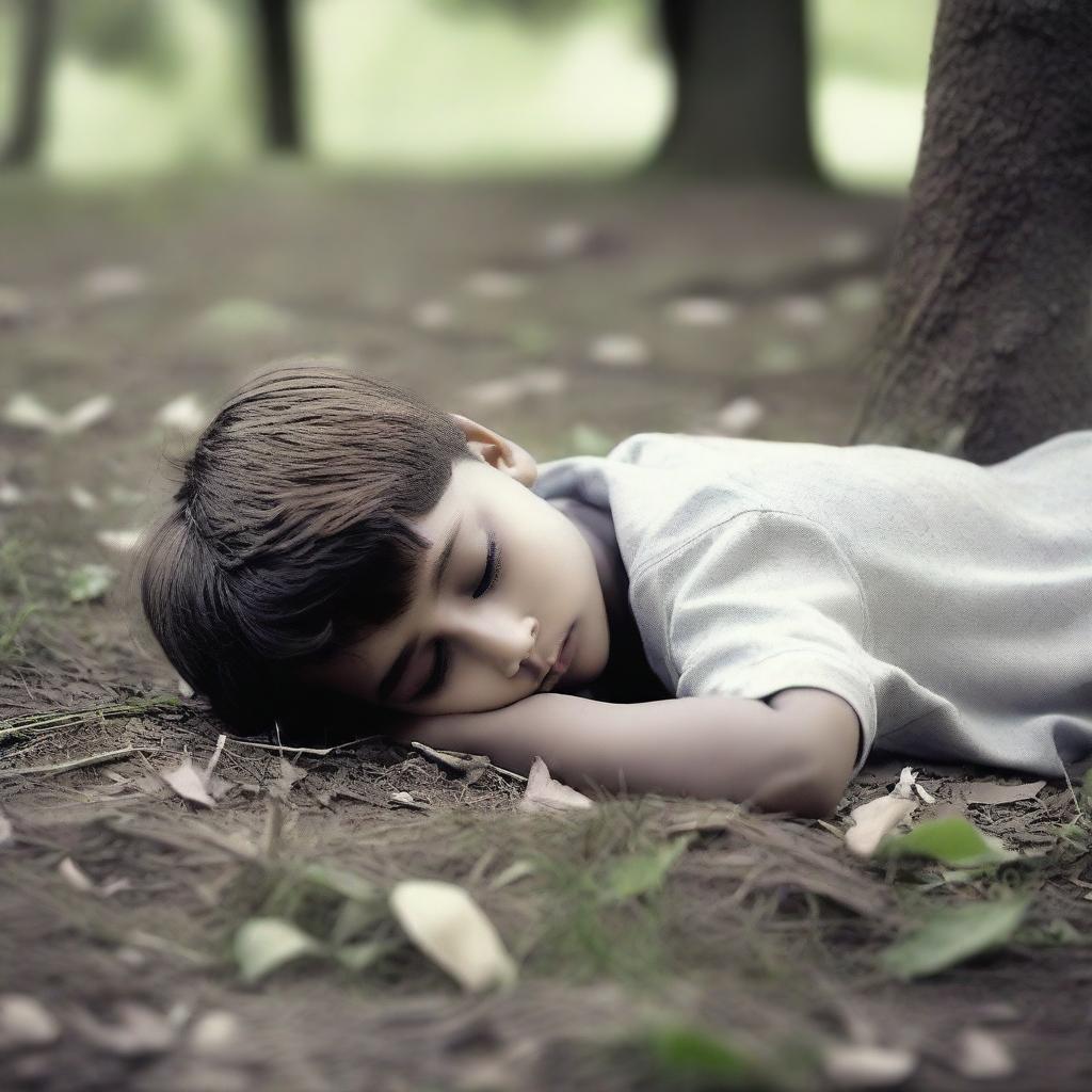 A somber scene depicting a deceased boy lying peacefully on the ground, surrounded by a serene and quiet environment