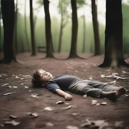 A somber scene depicting a deceased boy lying peacefully on the ground, surrounded by a serene and quiet environment