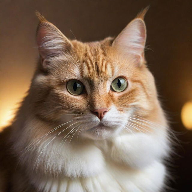 A stunning, elegant cat with vibrant, sleek fur under the soft lighting. Its sharp eyes hold an abundance of curiosity, reflecting an enigmatic world.