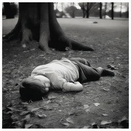 A somber scene depicting a deceased boy lying peacefully on the ground, surrounded by a serene and quiet environment