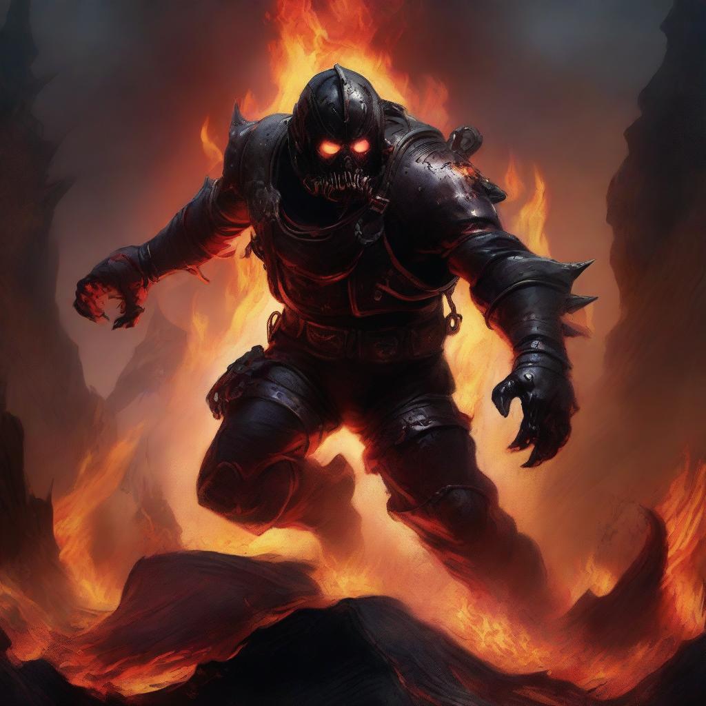 A fearsome Hell diver with dark, spiked armor and glowing red eyes, diving into the fiery depths of hell