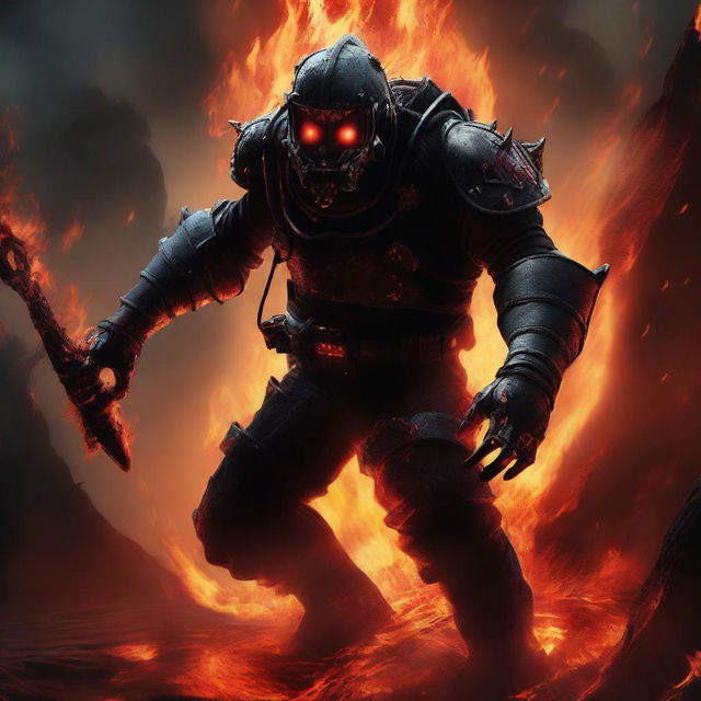 A fearsome Hell diver with dark, spiked armor and glowing red eyes, diving into the fiery depths of hell