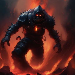 A fearsome Hell diver with dark, spiked armor and glowing red eyes, diving into the fiery depths of hell