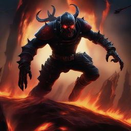 A fearsome Hell diver with dark, spiked armor and glowing red eyes, diving into the fiery depths of hell