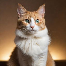 A stunning, elegant cat with vibrant, sleek fur under the soft lighting. Its sharp eyes hold an abundance of curiosity, reflecting an enigmatic world.