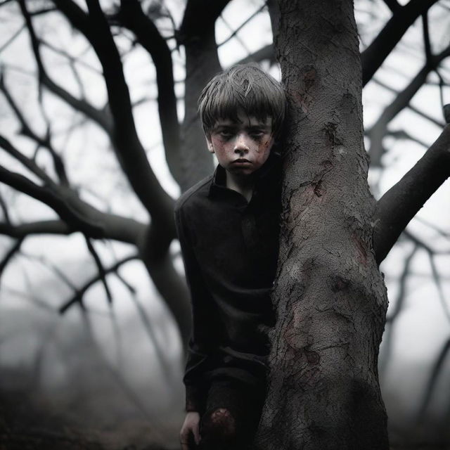 A dark and unsettling scene showing a deceased boy in a tree, with visible blood on the branches and ground