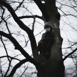 A dark and unsettling scene showing a deceased boy in a tree, with visible blood on the branches and ground