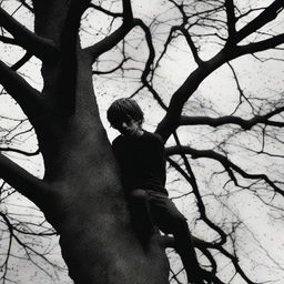 A dark and unsettling scene showing a deceased boy in a tree, with visible blood on the branches and ground